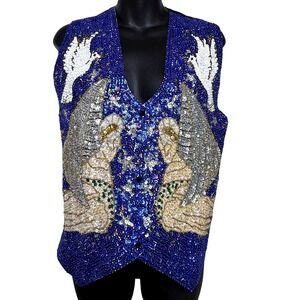 SAVVY Handcrafted Blue Beaded Sequin Angel Dove Christmas Holiday Vest Size M 34